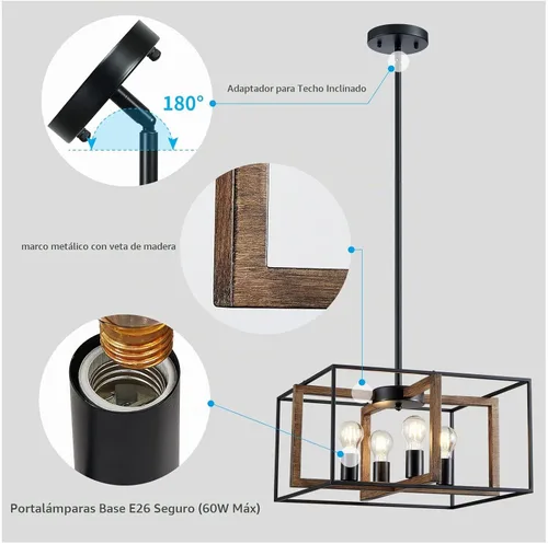 Vista 5 de XINGQI Candelabro cuadrado de 4 luces, lámpara de granja, moderna iluminación colgante para cocina, isla, comedor, sala de estar, acabado de grano