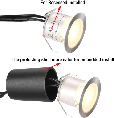 Vista 2 de SMY Lighting Paquete de 10 kits de luces LED empotrables para terraza con carcasa protectora, 32 mm, luz blanca cálida, IP67 impermeable, 12 V