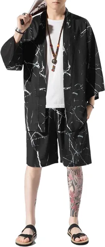Vista 4 de Ambcol Men's Japanese Style Kimono Tops Shorts Sets Lightweight Casual 34 Sleeve Open Front Cardigan Suits