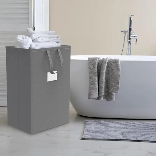 Vista 7 de Canasta de lavandería grande plegable de 75L con asas, cesta de ropa sucia impermeable para dormitorio, canasta de lavandería alta independiente