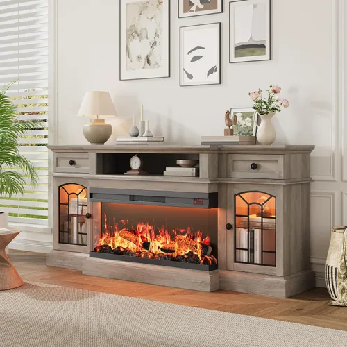 Vista 9 de QUW - Soporte de TV con chimenea estilo granja de 70 pulgadas para televisores de hasta 80 pulgadas, centro de entretenimiento con chimenea
