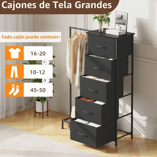 Vista 5 de Somdot - Cómoda con estante para colgar, 5 cajones, cómoda pequeña para dormitorio, cómoda reversible con estante para ropa, cómodas para niños
