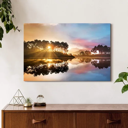 Vista 4 de SD SOFT DANCE - Lienzo de pared con paisaje del lago natural: arte de la naturaleza con escena de atardecer, bosque y montañas, pintura panorámica