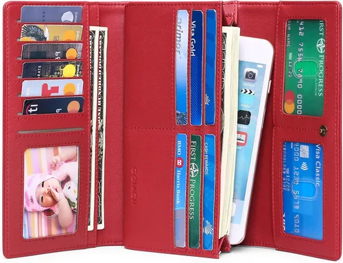 Vista 4 de GOIACII Cartera de mujer con bloqueo RFID triple pliegue cartera de mano larga para mujer cartera de cuero vegano con bolsillo para monedas A02-rojo