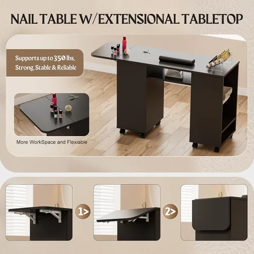 Vista 7 de Mesa de manicura con mesa extensible, mesa de escritorio de uñas para tecnología de uñas con soporte para bolsa de basura y cajón vertical, estación