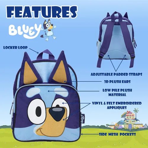Vista 4 de BLUEY Mochila para niñas y niños para jardín de infantes y escuela primaria 12 pulgadas felpa con orejas y apliques 3D correas ajustables y parte