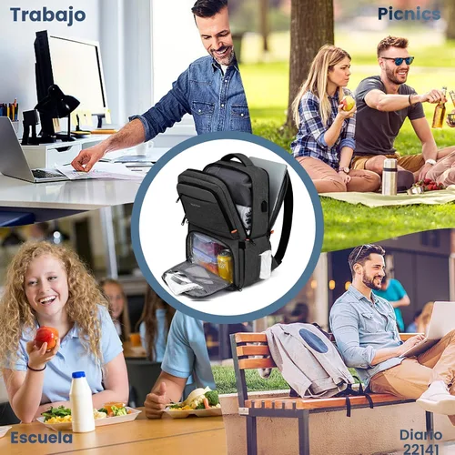 Vista 6 de Mochila de almuerzo, mochila con aislamiento térmico para hombres y mujeres, mochila para portátil con protección RFID y puerto USB, Negro, 15,6