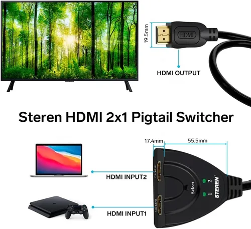 Vista 3 de Steren Conmutador HDMI de 2 puertos (2 en 1 salida) Selector HDMI Plug-and-Play - Divisor de interruptor HDMI 2.0 de 4K a 60Hz con cable HDMI largo