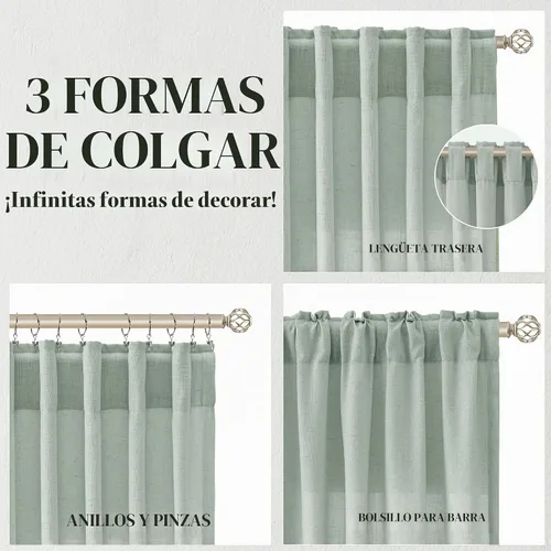 Vista 5 de Jowels Cortinas de Lino Verde Aguamarina con Trabillas Traseras de 84 Pulgadas de Largo para Sala de Estar, 2 Paneles con Bolsillo, Cortina