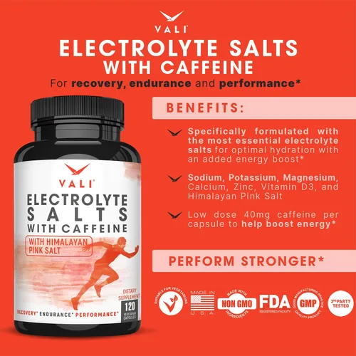 Vista 3 de VALI Sales electrolíticas más 40 mg de cafeína. Pastillas de reemplazo de rehidratación oral rápida. Suplemento en polvo de nutrición
