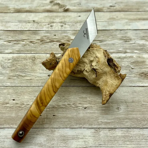 Vista 2 de Cuchillo Kiridashi, cuchillo japonés para tallar madera N690 de 1/8 de pulgada, hoja de acero N690, mango de madera de nogal o olivo con funda