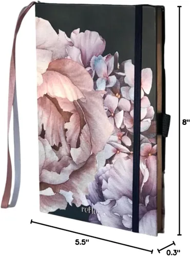 Vista 10 de Cuaderno de tapa dura con diseño floral rosa, diario de puntos, papel ultra grueso, bordes metálicos, lazo para bolígrafo, 2 cintas (marfil, A5)