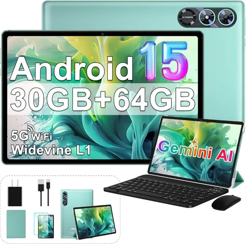 Vista 9 de Tableta 2025 con Android 15 de 10 pulgadas con teclado de 30 GB de RAM 64 GB ROM, tableta 2 en 1 Octa-Core con Gemini AI, WiFi 5G, 6000 mAh