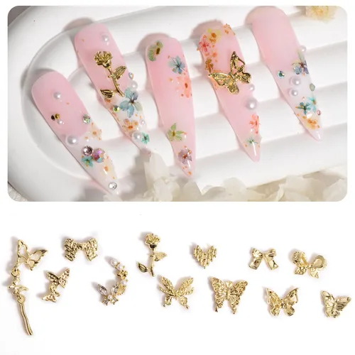 Vista 3 de Nail Art Studs 3D Nail Charms Sparkle Butterfly Nail Charms Gold Studs Rhinstones Pearl Mix Shape Butterfly Flower 3D Nail Jewelry Studs Decor Kit