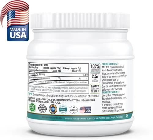 Vista 2 de Kappa Nutrition Monohidrato de creatina en polvo, fórmula de aminoácidos puros, apoya la fuerza muscular, la energía celular y el enfoque mental*