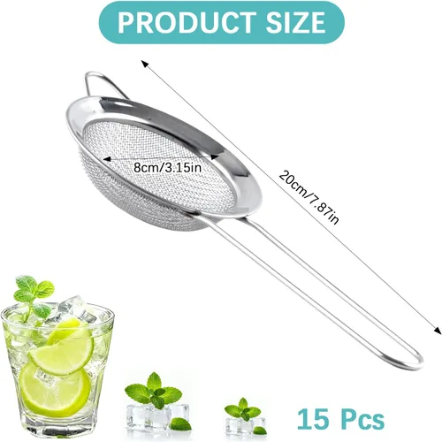 Vista 2 de 15 coladores pequeños de acero inoxidable, pequeño colador de té de malla fina, mini tamiz de acero inoxidable con asa, coladores de metal de cocina