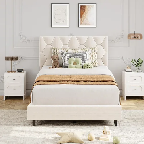 Vista 19 de GarveeHome Marco de Cama de Plataforma Tamaño Twin con Cabecera Tapizada y Soporte de Listones de Madera, Base de Colchón Tapizada/No Necesita Beige