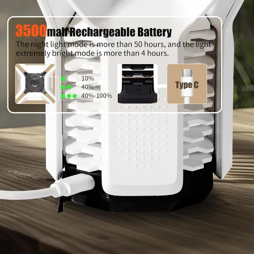 Vista 4 de Linterna LED recargable para campamento, diseño de agarre libre, 4 modos, impermeable IP65, brillo cálido de 3000 K, luz ligera y portátil