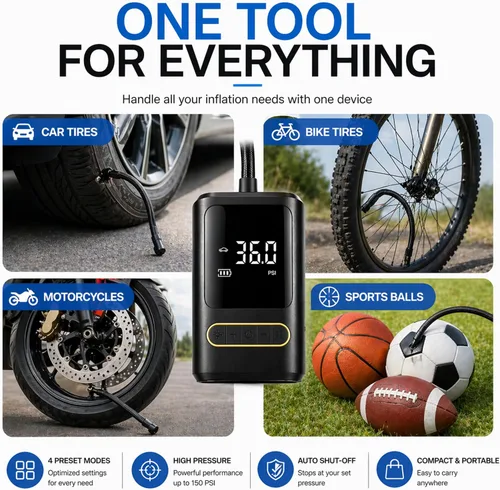 Vista 9 de Compresor de aire portátil para bicicleta: mini bomba eléctrica para neumáticos con apagado automático, compatible con múltiples válvulas, inflador