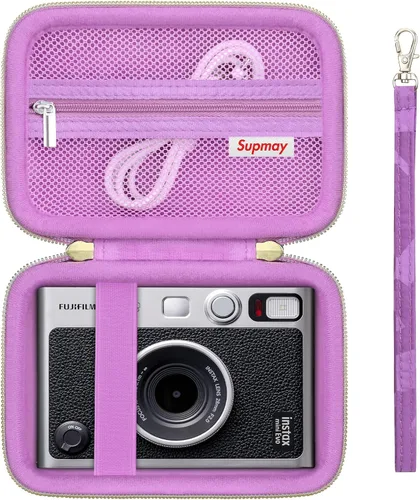 Vista 15 de Funda de transporte compatible con cámara instantánea Fujifilm Instax Mini EVO, bolsa de viaje con bolsillo de malla para fotos, cables USB Negro
