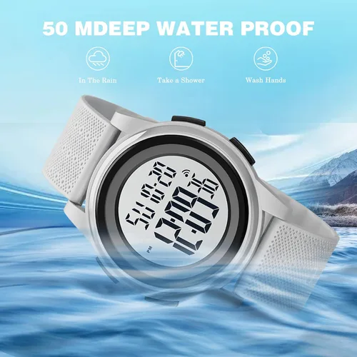 Vista 8 de SKMEI Reloj deportivo digital para hombre, ultrafino, grande, impermeable, con cronómetro, temporizador de cuenta regresiva, función de alarma, luz