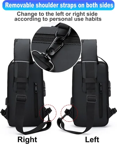 Vista 4 de Geanbun Mochila cruzada USB antirrobo impermeable para el pecho, D-azul y marrón, Moda