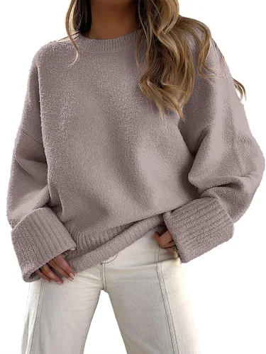 Vista 9 de LOGENE Suéter de gran tamaño para mujer, cuello redondo, manga larga, suave, mullido, suéter de punto 2025 para otoño e invierno