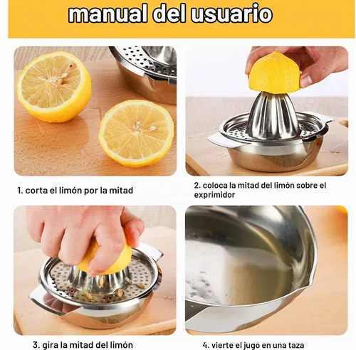 Vista 4 de Exprimidor de limón de acero inoxidable Exprimidor de cítricos Prensa de mano Herramienta de exprimir jugo de naranja con recipiente