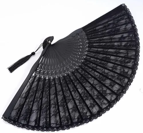 Vista 5 de choyaxo - Abanico de mano de encaje chino plegable de bambú y seda para mujeres, para decoración de bodas, bailes y fiestas, negro