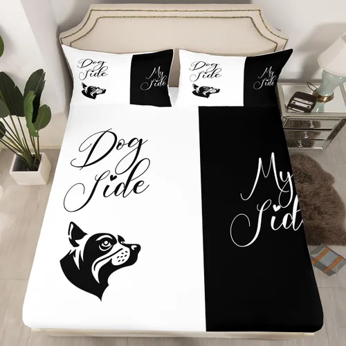 Vista 4 de Dog Side My Side - Juego de sábanas de tamaño Queen, color negro y blanco, sábana bajera ajustable para mujeres y hombres, sábanas románticas