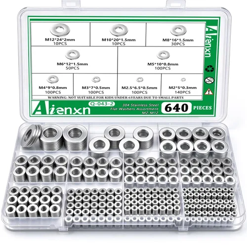 Vista 17 de Kit de surtido de 550 piezas de arandelas planas, 12 tamaños SAE - 1/2, 7/16, 3/8, 5/16, 1/4, 3/16, 12#, 10#, 8#, 6#, 4#, 2#, (18-8) arandelas de SS