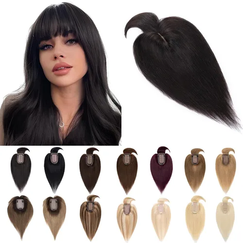 Vista 28 de SEGO Toppers para el cabello para mujer, cabello humano real con flequillo, 2.8 x 5.1 in, base de seda, 100% cabello humano Remy, clip en la parte