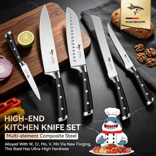Vista 2 de MAD SHARK Juego de cuchillos de cocina de 5 piezas, juego de cuchillos de chef con mango ergonómico, cuchillos de cocina profesionales ultra