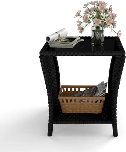Vista 9 de kinbor Mesa pequeña para exteriores – Mesa auxiliar de mimbre para exteriores con estante de almacenamiento para patio, balcón y porche, ratán