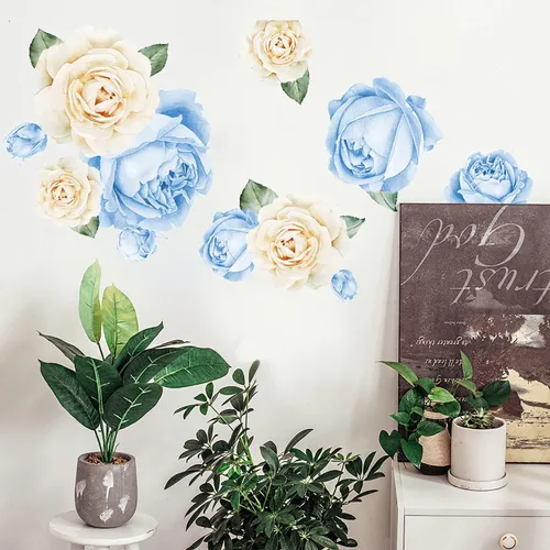 Vista 3 de Calcomanías de pared de rosas de acuarela (azul y blanco)