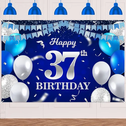 Vista 82 de Bandera de feliz primer cumpleaños con fondo azul marino, globos, confeti, bandera de rayas, luces de puntos, felicitaciones por el tema de 1 año