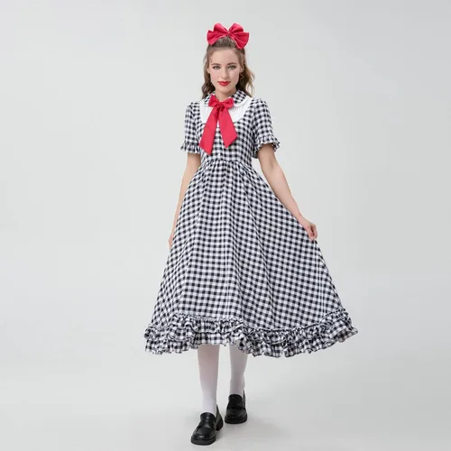 Vista 2 de Vestido de Halloween para mujer 2022, vestido de manga corta a cuadros de moda