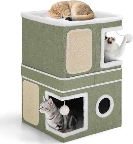 Vista 12 de Casa de Gato de 2 Pisos para Gatos de Interior, Separable en 2 Grandes Camas de Gato Cueva con Condominios Escondidos, Almohadillas para Rascar