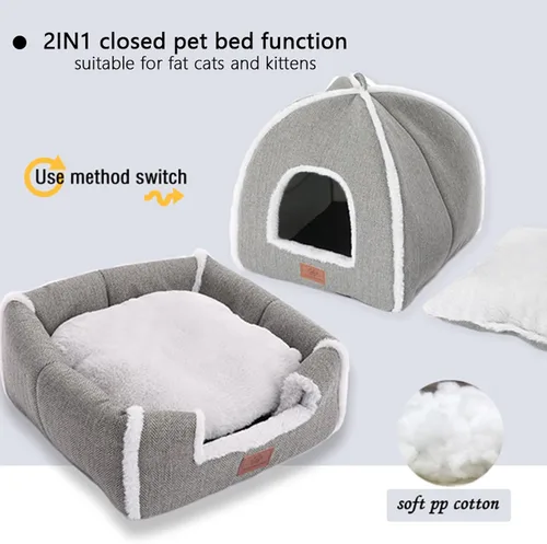 Vista 3 de Camas para gatos de interior, cama de gato, tienda de campaña para gatitos y mascotas pequeñas con cojín lavable, suave y cálida, color gris, 15