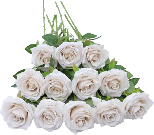 Vista 26 de Flores artificiales de rosa, rosas artificiales, rosas de seda, rosas falsas de aspecto real con tallos para manualidades, ramos de boda, centros