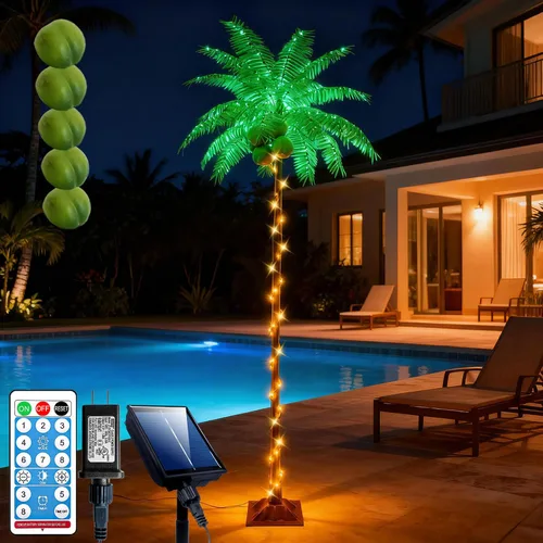 Vista 10 de Ledido - Palmera artificial iluminada de 5 pies, colorida con 3 cocos, 144 luces LED, para exteriores, con control remoto, impermeable, regulable