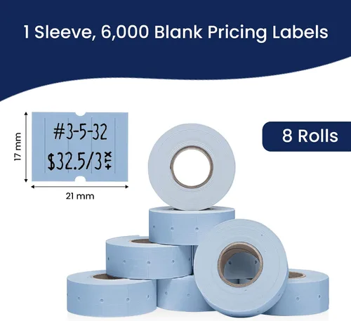 Vista 3 de Perco Etiquetas azules de 2 líneas, 6,000 etiquetas de precio en blanco y fecha para pistolas Perco de 2 líneas de precio y fecha, 8 rollos, 1