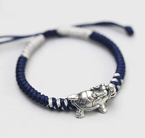 Vista 3 de LOTONTJ Feng Shui Pulsera de Riqueza de Dragón Tortuga Tibetana 999 Pulsera de Plata Pura Azul Marino Chino Estilo Antiguo Auspicious Lucky Charm