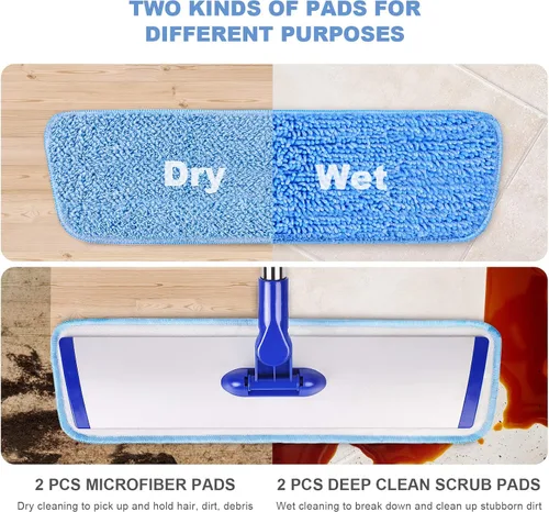 Vista 2 de Sistema de limpieza profesional de piso de microfibra de 18 pulgadas, trapeador plano con mango de acero inoxidable, 4 almohadillas lavables