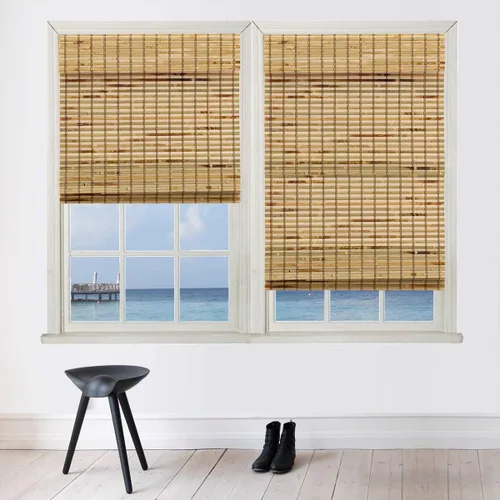 Vista 2 de Persiana romana de bambú sin cordón para ventana, filtro de luz, con valencia de 8 pulgadas, bambú claro