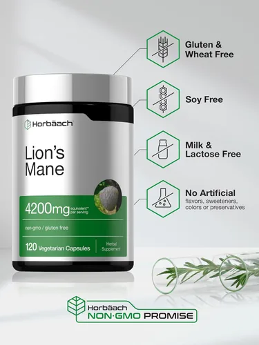 Vista 9 de Horbäach extracto de hongo melena de león 4200mg 120 cápsulas suplemento vegetariano, no transgénico, sin gluten