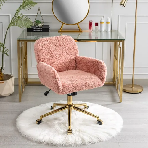 Vista 13 de HomVent Bonita silla de oficina peluda, moderna silla de piel sintética negra con ruedas y base dorada, silla giratoria ergonómica ajustable