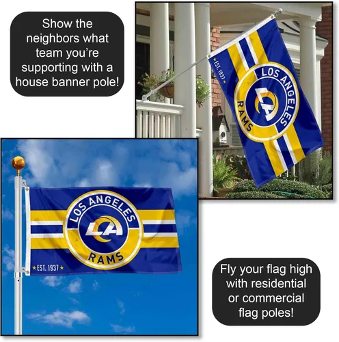 Vista 3 de Bandera grande de Los Angeles Rams con botón de parche y logotipo circular de 3 x 5 pulgadas