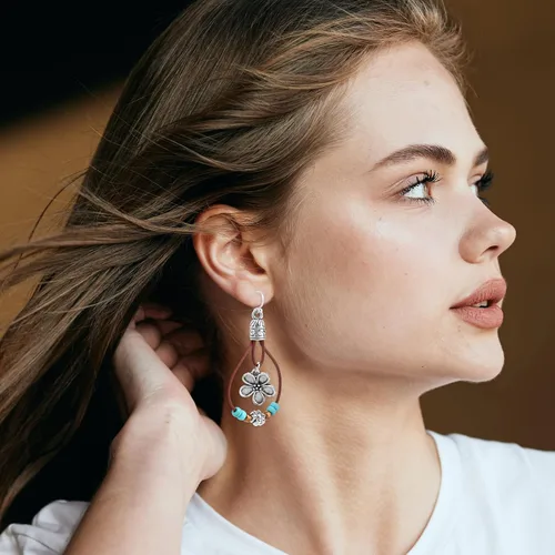 Vista 7 de Boho Flower Earrings,Bohemian Western Leather Dangle Drop Earrings with Nature Stones Vintage Handmade Country Concert Outfits Accessories for Women