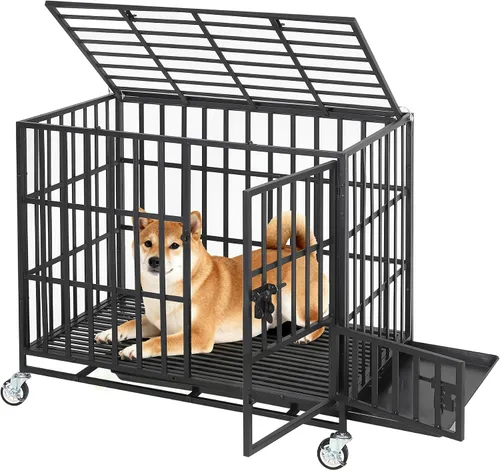 Vista 10 de Jaula para perros resistente a prueba de escapes, perrera de metal XL con 3 puertas, bandeja extraíble y ruedas, jaula interior segura e